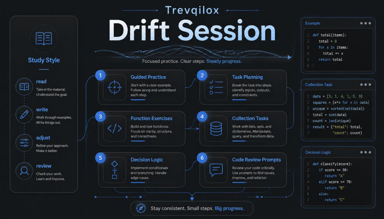 A dark-themed educational dashboard or poster titled 'Treviqilox Drift Session' with multiple panels showing study style, workflow steps, code examples, and decision logic on a black background.