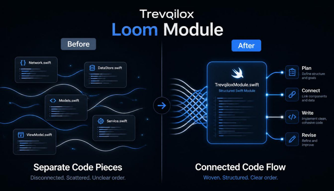 A dark promotional graphic for Trevqilox Loom Module showing a before-and-after comparison of code organization. The left side, labeled 'Before,' shows scattered disconnected code files under the heading 'Separate Code Pieces.