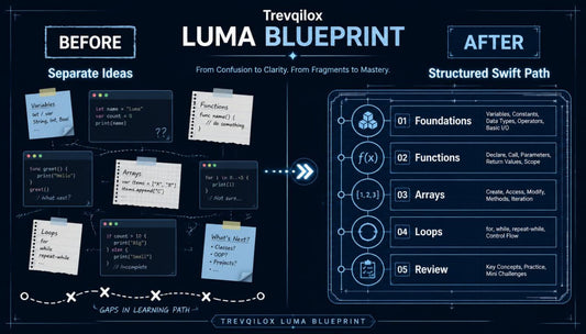 An infographic-style comparison graphic titled 'Trevqilox Luma Blueprint' with 'Before' and 'After' sections. The left side shows scattered code snippets and sticky notes labeled 'Separate Ideas'; the right side shows a structured path with numbered modules from Foundations to Review.