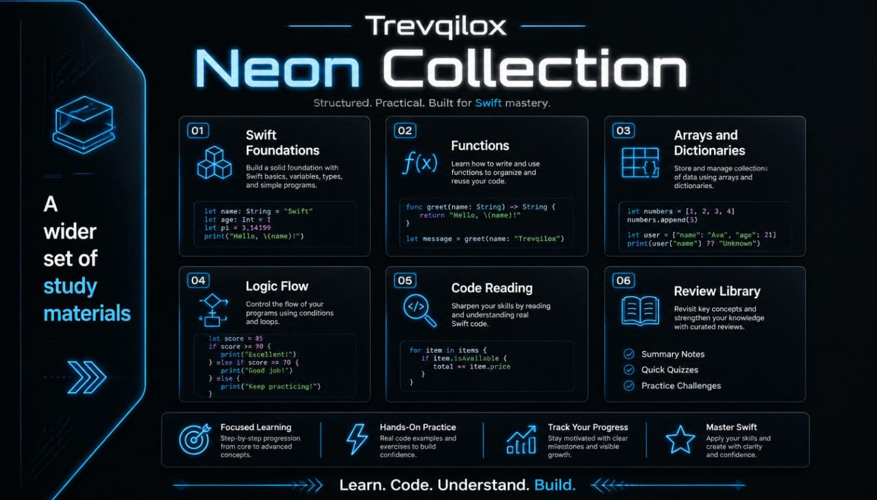 A promotional graphic for the Trevqilox Neon Collection, featuring a dark blue and black layout with glowing cyan accents. The design showcases various code learning modules such as Swift Foundations, Functions, Arrays and Dictionaries, Logic Flow, Code Reading, and Review Library, along with text highlighting a wider set of study materials.