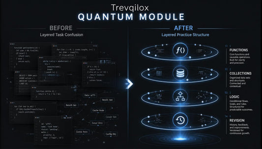 A dark promotional graphic for Trevgilox Quantum Module, comparing a 'Before' layered task-confusion state with an 'After' layered practice structure. The right side shows glowing circular rings labeled Functions, Collections, Logic, and Revision, with text on the left side showing abstract code-like panels.