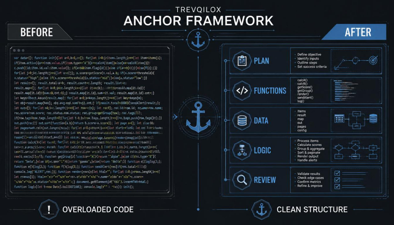 A dark blue and black infographic titled 'TREVOILOX ANCHOR FRAMEWORK' comparing 'BEFORE' and 'AFTER' states. The left side shows dense code labeled 'OVERLOADED CODE', and the right side displays clean structured sections labeled 'PLAN', 'FUNCTIONS', 'DATA', 'LOGIC', and 'REVIEW' with anchor icons.