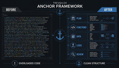 A dark blue and black infographic titled 'TREVOILOX ANCHOR FRAMEWORK' comparing 'BEFORE' and 'AFTER' states. The left side shows dense code labeled 'OVERLOADED CODE', and the right side displays clean structured sections labeled 'PLAN', 'FUNCTIONS', 'DATA', 'LOGIC', and 'REVIEW' with anchor icons.