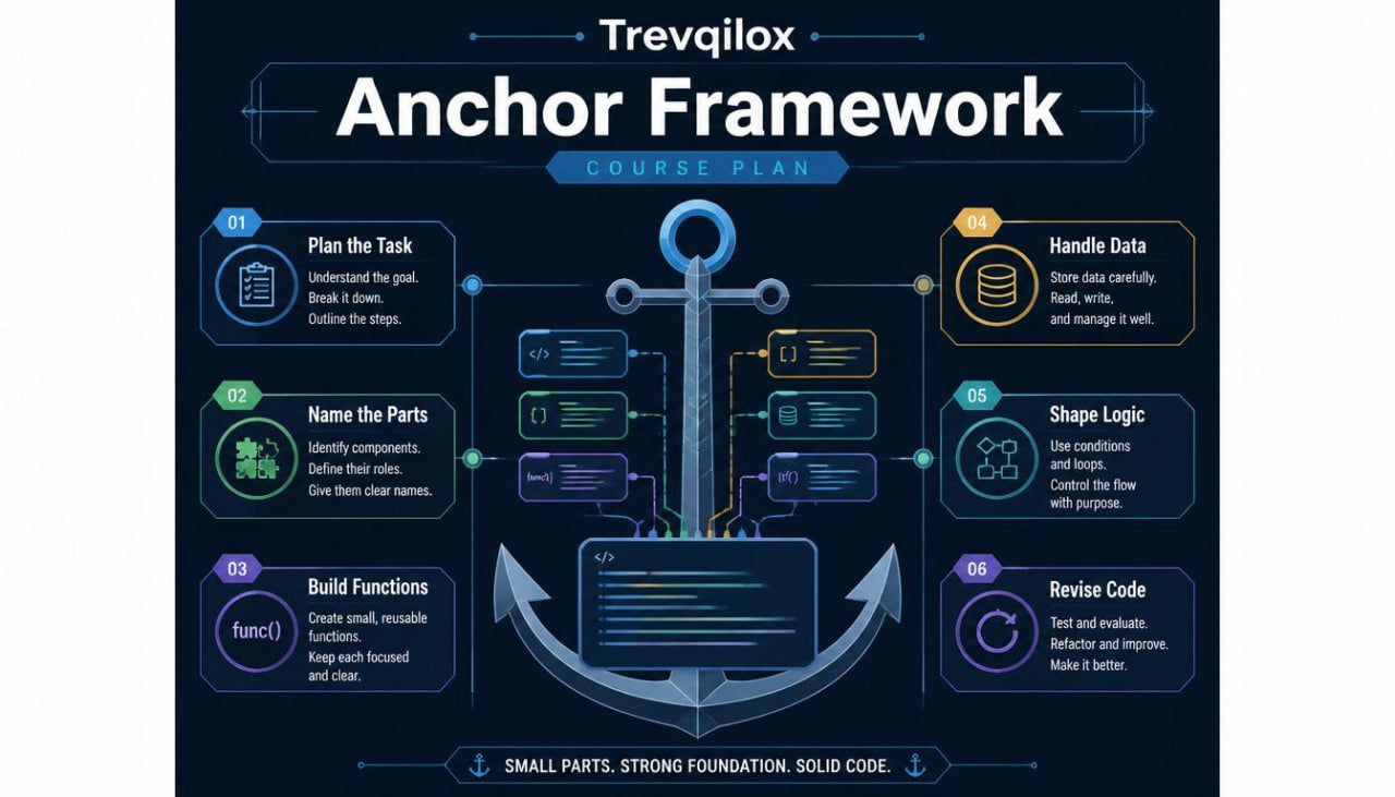 An infographic titled 'Trevqilox Anchor Framework Course Plan' on a dark navy background, featuring a large central anchor with connected circular callouts around it for steps like plan the task, handle data, name the parts, build functions, shape logic, and revise code.