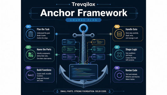 An infographic titled 'Trevqilox Anchor Framework Course Plan' on a dark navy background, featuring a large central anchor with connected circular callouts around it for steps like plan the task, handle data, name the parts, build functions, shape logic, and revise code.