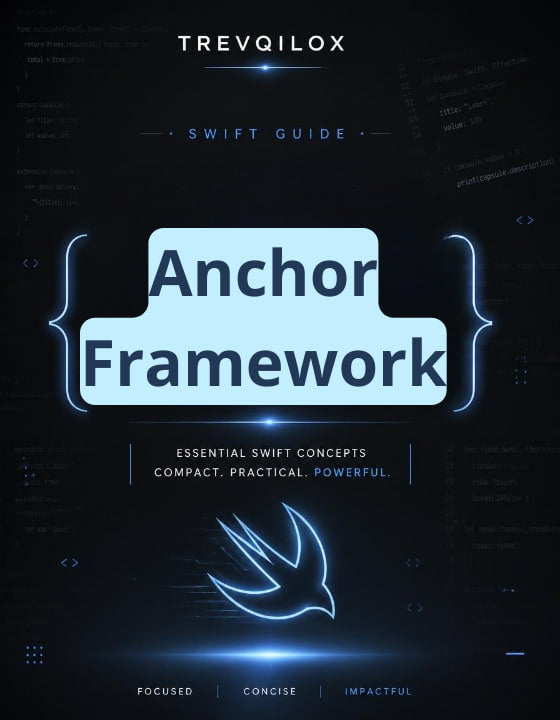 Book cover for 'Anchor Framework' by Trevqilox, featuring a dark blue and black background with glowing blue text and code elements, and a stylized bird logo near the bottom.