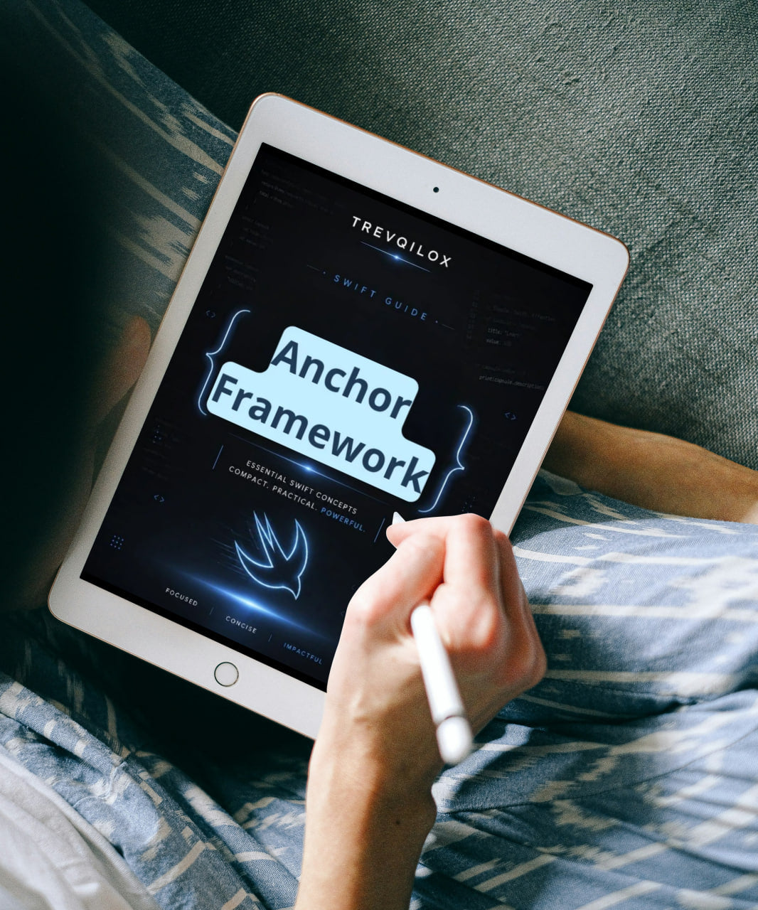 A tablet held over a bed with a hand holding a stylus, displaying a digital guide titled 'Anchor Framework' by Trevailox.