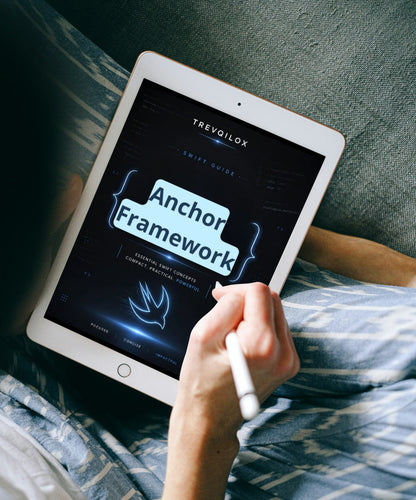 A tablet held over a bed with a hand holding a stylus, displaying a digital guide titled 'Anchor Framework' by Trevailox.