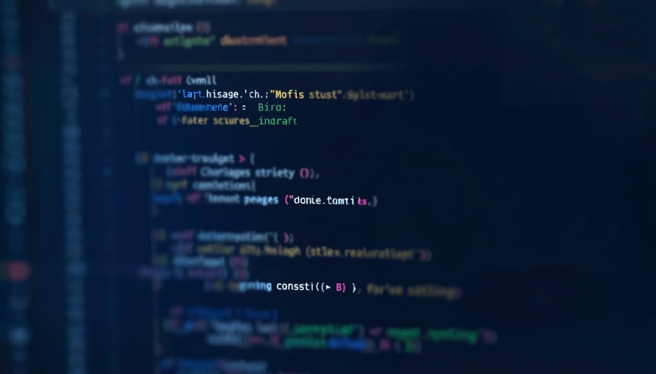 A close-up, shallow depth-of-field view of blurred computer code on a dark screen, with blue, green, and pink syntax highlighting.