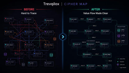 A dark-themed comparison graphic titled 'Trevqilox | Cipher Map' showing a before-and-after database query trace. The left side, labeled 'BEFORE Hard to Trace,' displays a dense, tangled network of red, blue, and purple database nodes and lines.