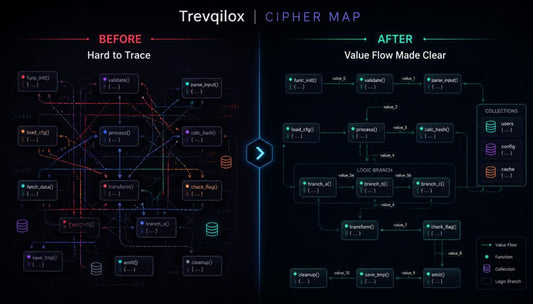 A dark-themed comparison graphic titled 'Trevqilox | Cipher Map' showing a before-and-after database query trace. The left side, labeled 'BEFORE Hard to Trace,' displays a dense, tangled network of red, blue, and purple database nodes and lines.
