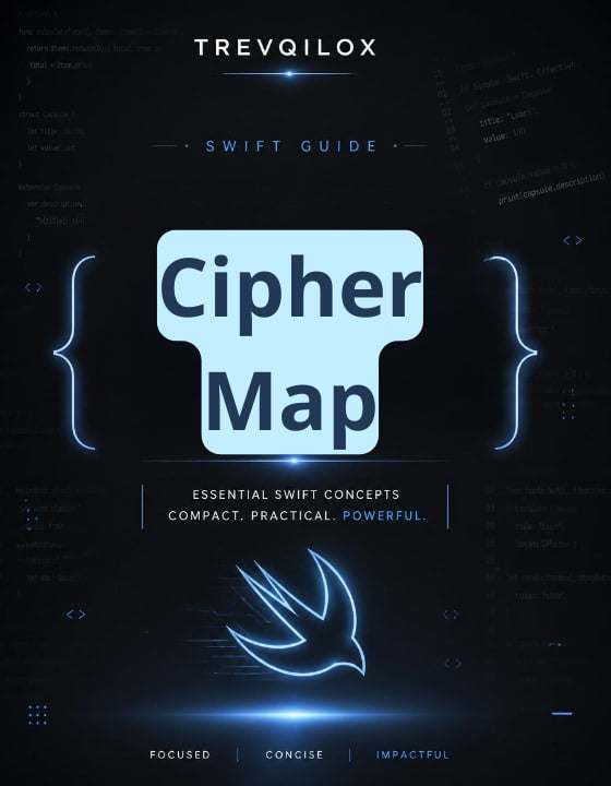 A digital cover for a Swift guide titled 'Cipher Map' by Trevqilox, featuring a dark futuristic tech design with glowing blue text and code elements.