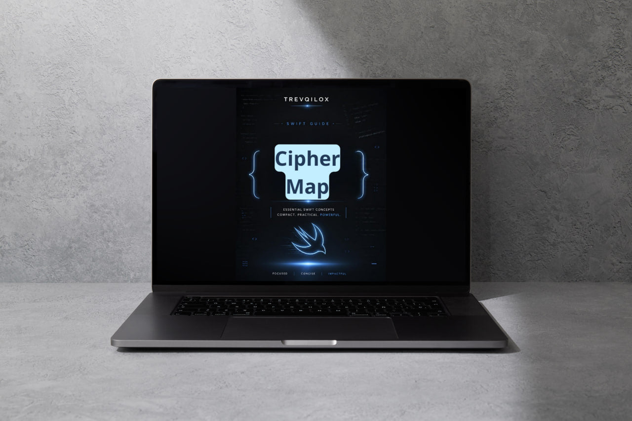 A black laptop on a gray surface against a textured gray wall, displaying a screen with the text 'Cipher Map' and a bird logo. The brand name 'TREVOLOX' is visible at the top of the screen.
