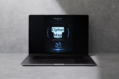 A black laptop on a gray surface against a textured gray wall, displaying a screen with the text 'Cipher Map' and a bird logo. The brand name 'TREVOLOX' is visible at the top of the screen.