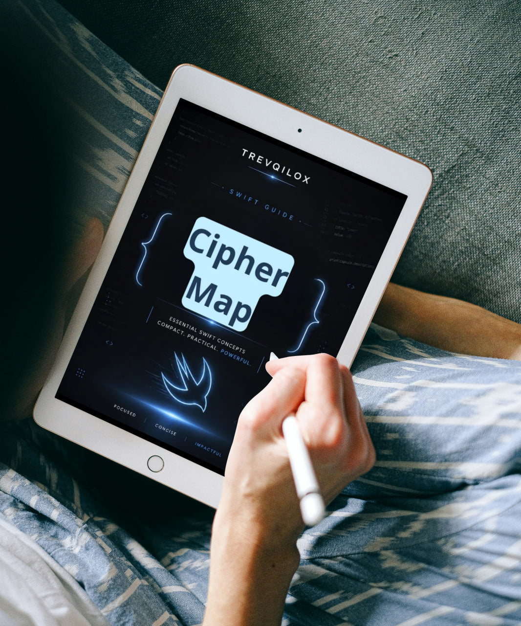 A person lying in bed uses a tablet with a stylus to open the Trevailox Swift Guide Cipher Map app. The tablet screen displays the dark-themed app interface with a light blue speech-bubble shape containing the text 'Cipher Map'.