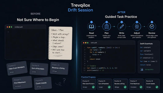 A promotional graphic for the Trevgilox Drift Session, showing a dark-themed interface comparison labeled BEFORE and AFTER. The left side, 'Not Sure Where to Begin,' displays a blank editor and several floating code-related cards.