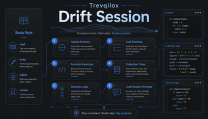 A dark-themed educational dashboard or poster titled 'Treviqilox Drift Session' with multiple panels showing study style, workflow steps, code examples, and decision logic on a black background.