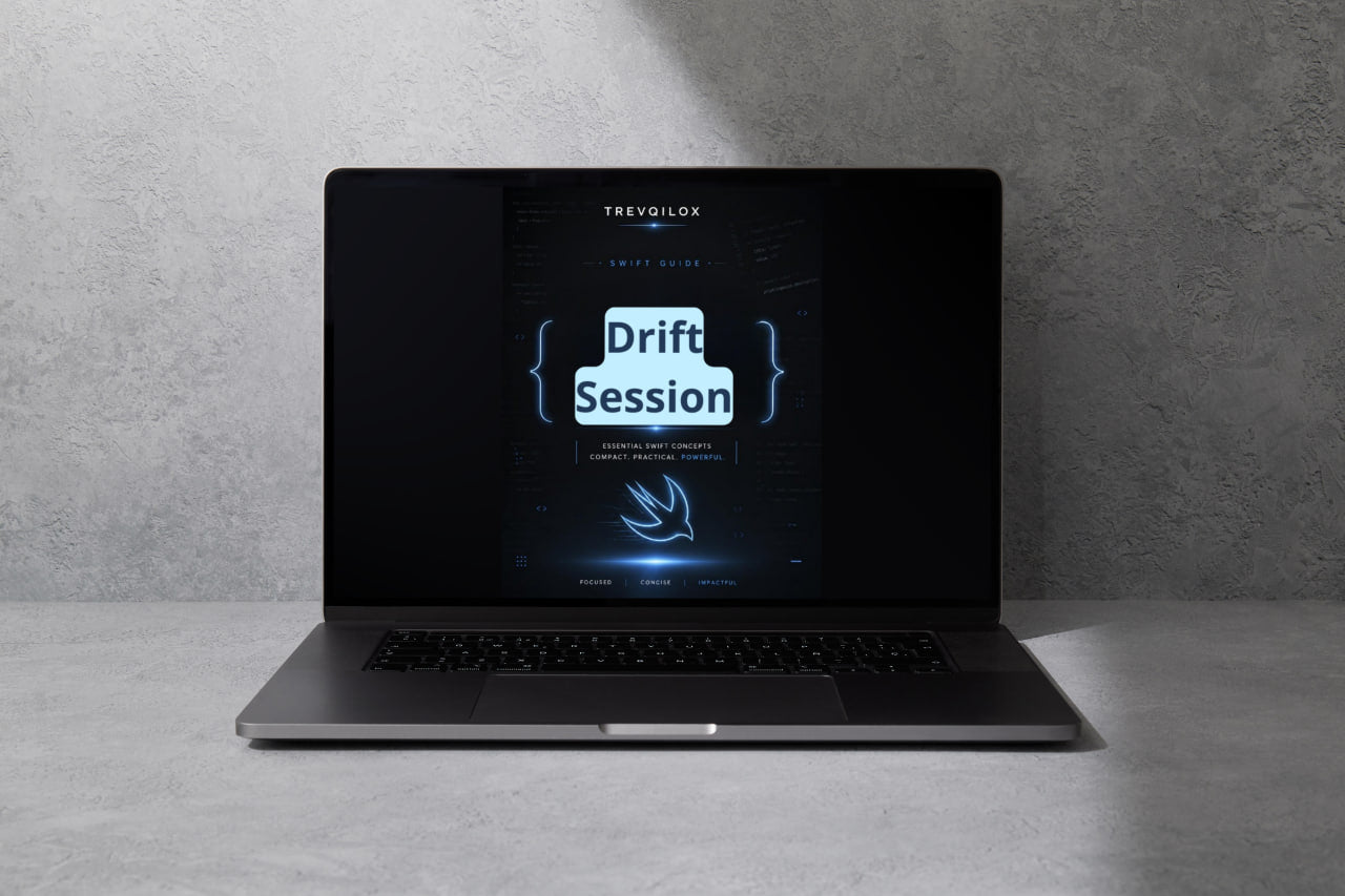 A dark gray laptop sits open on a light gray surface against a textured gray wall, with the screen displaying a presentation slide titled 'Drift Session' by Trekilox.