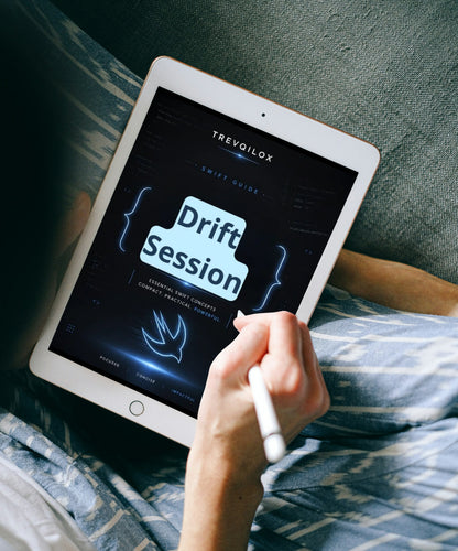 A person lying on a couch holds a tablet with a stylus, showing the Trevailox Swift Guide 'Drift Session' on the screen.