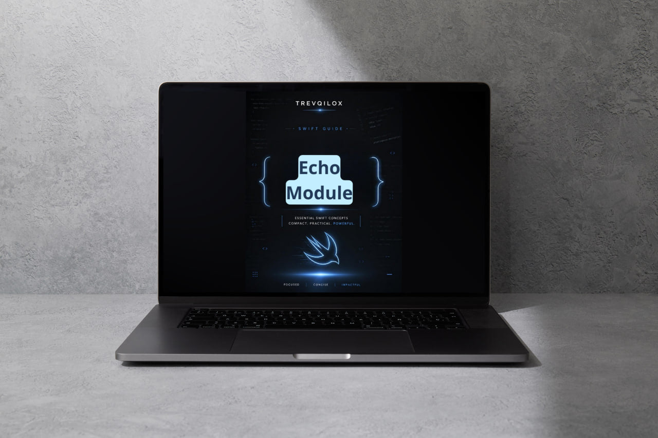 A dark gray laptop on a light gray surface against a textured gray wall, with the screen displaying the Trekfoilx Echo Module software interface.