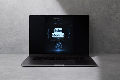 A dark gray laptop on a light gray surface against a textured gray wall, with the screen displaying the Trekfoilx Echo Module software interface.