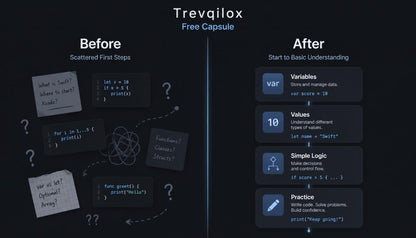 An educational software comparison graphic for Trevqilox Free Capsule, showing a 'Before' state with scattered code snippets and questions on the left, and an 'After' state with structured variables, values, simple logic, and practice modules on the right, set against a dark background.