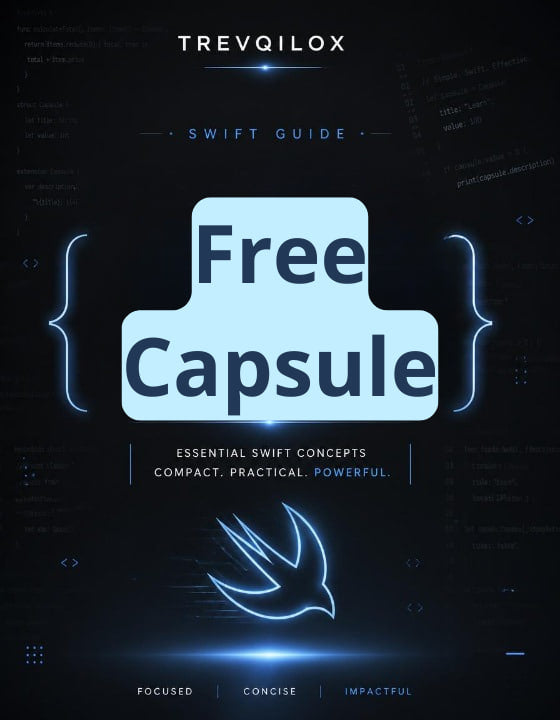 A digital cover for a guide titled 'Free Capsule' by Trevqilox, featuring a dark blue and black background with glowing neon blue accents, code snippets, and a stylized bird logo.