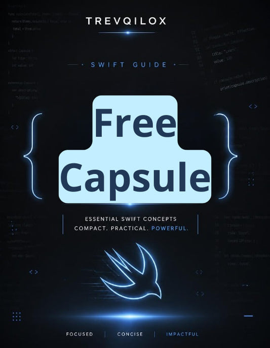 A digital cover for a guide titled 'Free Capsule' by Trevqilox, featuring a dark blue and black background with glowing neon blue accents, code snippets, and a stylized bird logo.