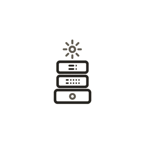 A minimalist black line icon depicting a stack of three server racks with a sunburst above them, centered on a plain white background.