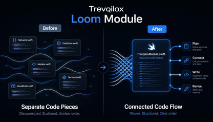 A dark promotional graphic for Trevqilox Loom Module showing a before-and-after comparison of code organization. The left side, labeled 'Before,' shows scattered disconnected code files under the heading 'Separate Code Pieces.