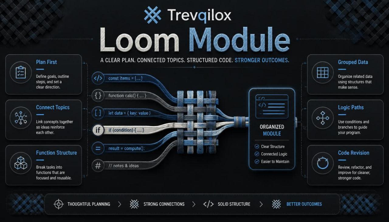 A dark promotional graphic for the Trevqilox Loom Module, showing a central digital loom cable illustration with connected interface panels and text describing structured planning, logic paths, function structure, and code revision benefits.