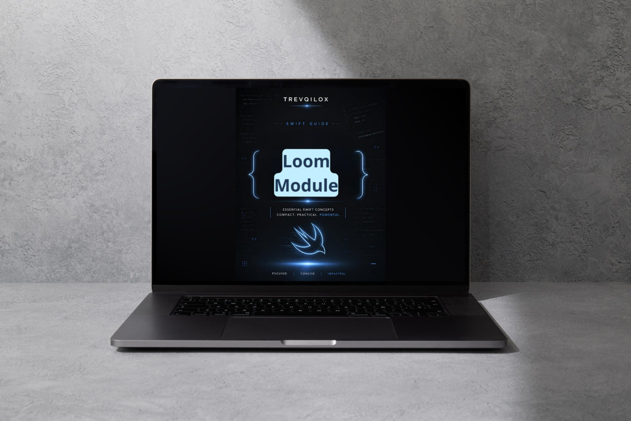 A dark gray laptop sits open on a light gray surface against a textured gray wall, with the screen displaying the Trekfoilx Loom Module interface.