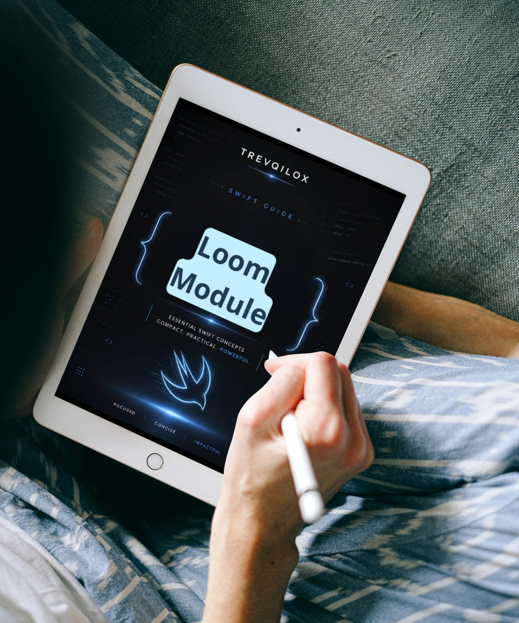 A person lying in bed holds a tablet with a stylus, showing a digital guide titled 'Loom Module' by Trevailox on the screen.