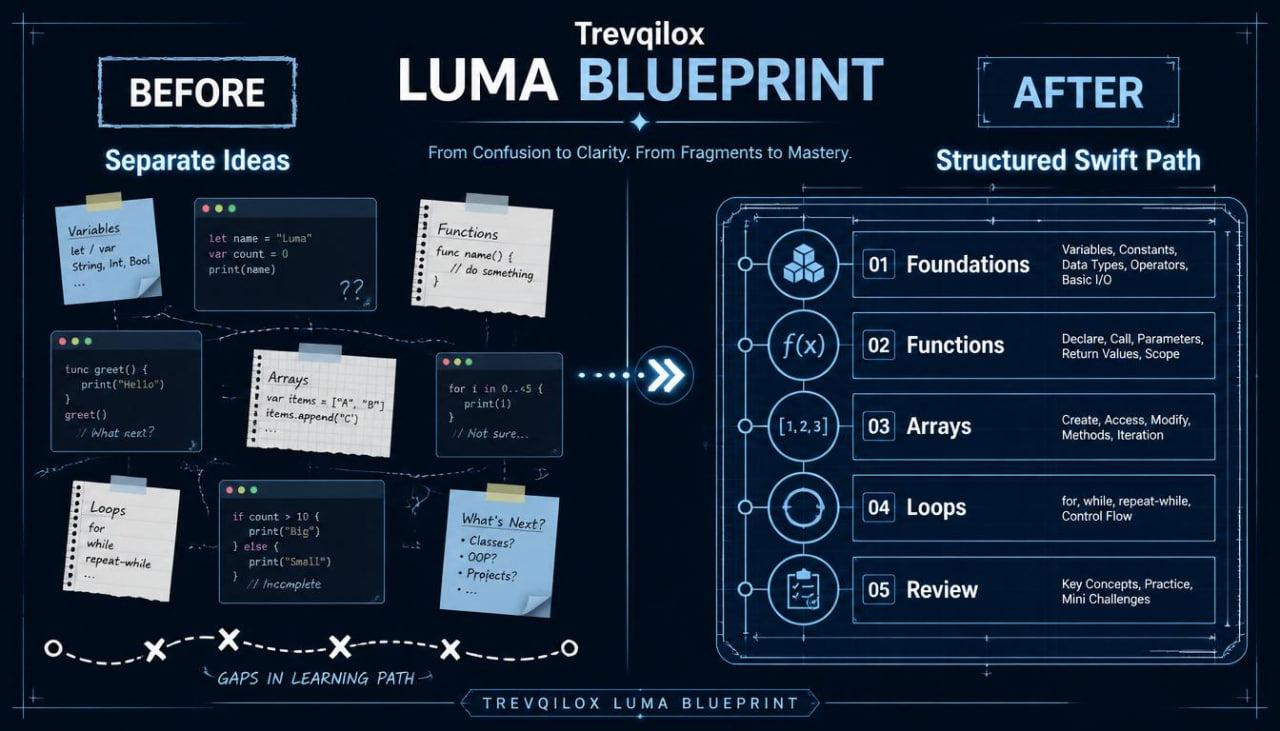 An infographic-style comparison graphic titled 'Trevqilox Luma Blueprint' with 'Before' and 'After' sections. The left side shows scattered code snippets and sticky notes labeled 'Separate Ideas'; the right side shows a structured path with numbered modules from Foundations to Review.