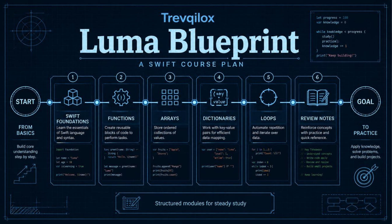 A dark blue infographic titled 'Trevqilox Luma Blueprint: A Swift Course Plan' showing six sequential learning stages from basics to goal, with icons, text, and a small code block on a dark background.