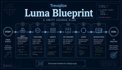 A dark blue infographic titled 'Trevqilox Luma Blueprint: A Swift Course Plan' showing six sequential learning stages from basics to goal, with icons, text, and a small code block on a dark background.