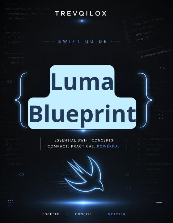 A book cover for 'Luma Blueprint' by Trevqilox, featuring a dark blue and black background with glowing neon blue text and code elements, plus a stylized bird logo near the bottom.