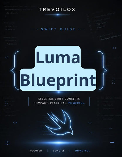A book cover for 'Luma Blueprint' by Trevqilox, featuring a dark blue and black background with glowing neon blue text and code elements, plus a stylized bird logo near the bottom.