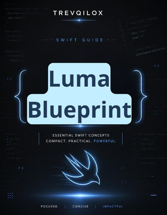 A book cover for 'Luma Blueprint' by Trevqilox, featuring a dark blue and black background with glowing neon blue text and code elements, plus a stylized bird logo near the bottom.