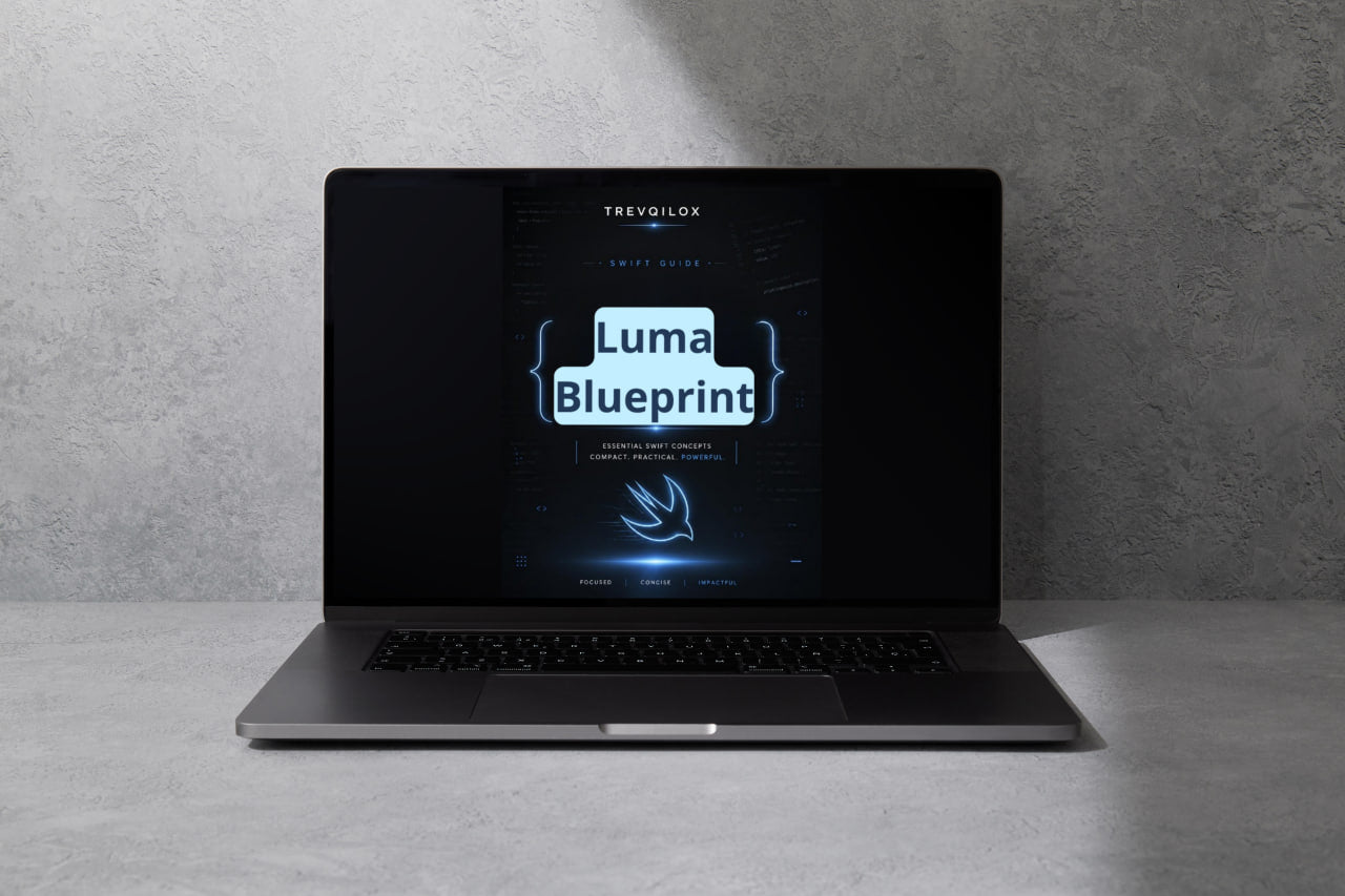A dark gray open laptop sits on a light gray surface against a textured gray wall. The screen displays a digital graphic with the text 'TREVOLOX' and 'Luma Blueprint'.
