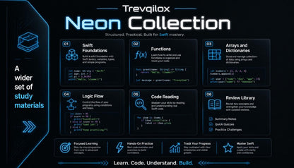 A promotional graphic for the Trevqilox Neon Collection, featuring a dark blue and black layout with glowing cyan accents. The design showcases various code learning modules such as Swift Foundations, Functions, Arrays and Dictionaries, Logic Flow, Code Reading, and Review Library, along with text highlighting a wider set of study materials.