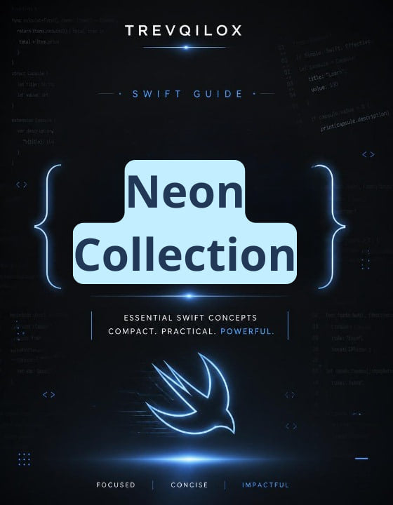 A digital cover for a guide titled 'Neon Collection' by Trevqilox, featuring a dark navy and black background with glowing neon blue text and code-style graphics.