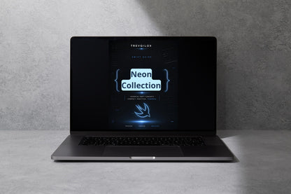 A dark gray Treviolox laptop is open and centered on a light gray surface against a textured gray wall. The screen displays a digital graphic for the 'Neon Collection'.