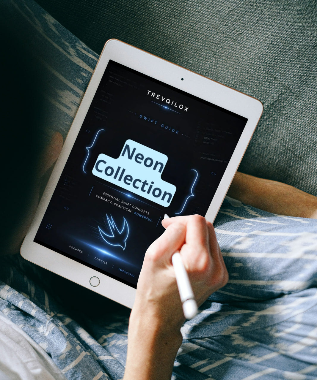 A person lying in bed holds a tablet with a stylus, showing a digital guide titled 'Trevailox Swift Guide: Neon Collection' on the screen.