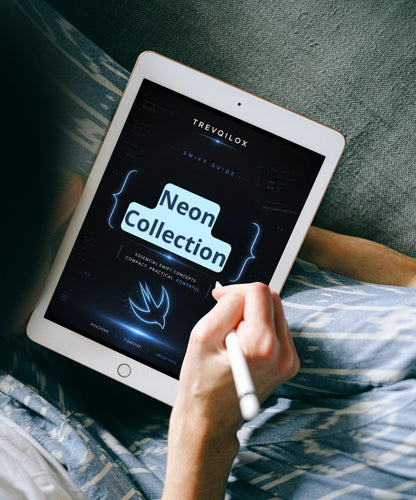 A person lying in bed holds a tablet with a stylus, showing a digital guide titled 'Trevailox Swift Guide: Neon Collection' on the screen.
