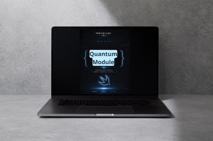 A dark gray laptop on a light gray surface against a textured gray wall, displaying a screen with the brand name TreviLox and the text 'Quantum Module'.