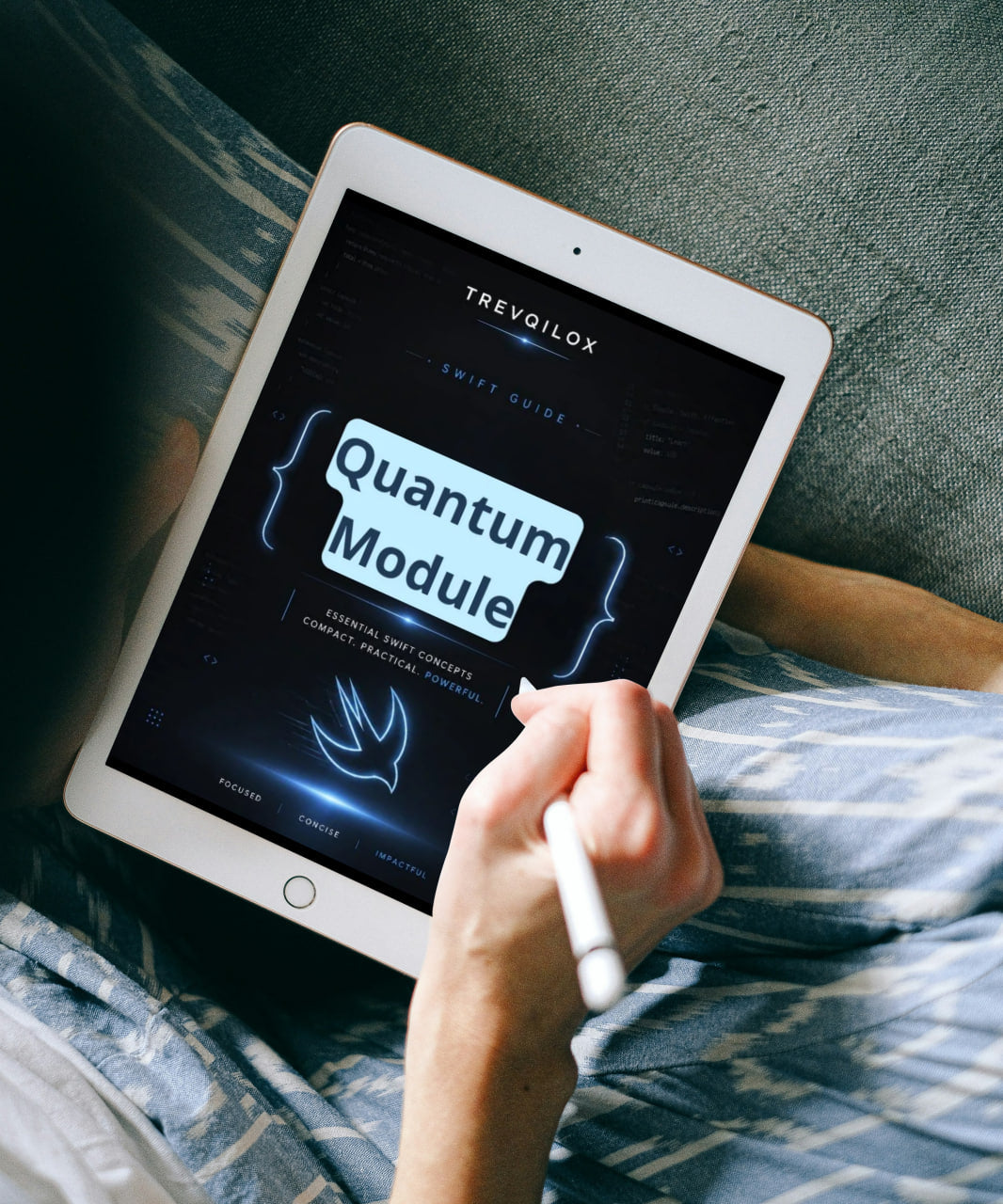 A person lying in bed holds a tablet with a stylus, showing a digital screen with the text 'TREVILOX Swift Guide Quantum Module'.