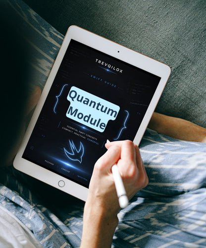 A person lying in bed holds a tablet with a stylus, showing a digital screen with the text 'TREVILOX Swift Guide Quantum Module'.
