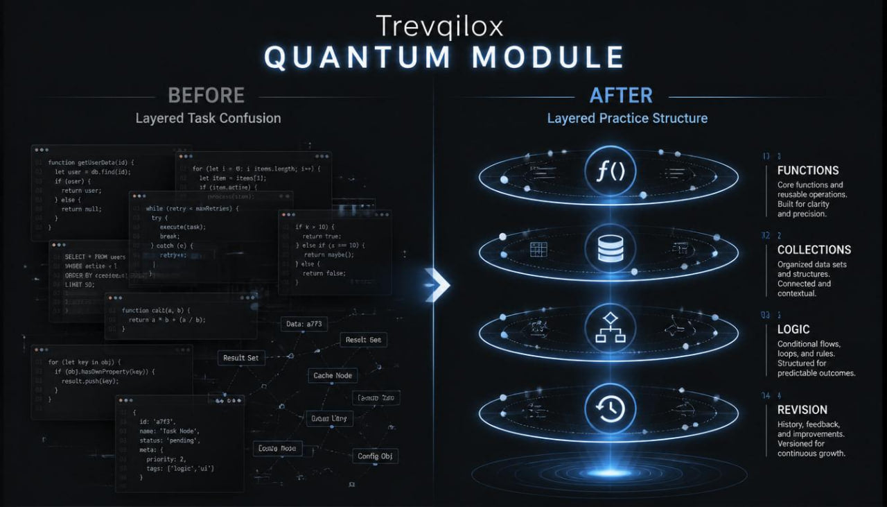 A dark promotional graphic for Trevgilox Quantum Module, comparing a 'Before' layered task-confusion state with an 'After' layered practice structure. The right side shows glowing circular rings labeled Functions, Collections, Logic, and Revision, with text on the left side showing abstract code-like panels.