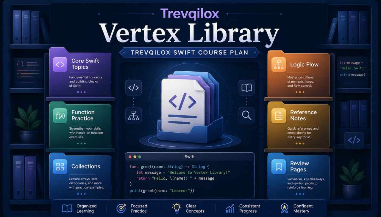 Promotional graphic for the Trevqilox Vertex Library, a Swift course plan. The design features a dark navy blue background with a central 3D icon of a computer screen displaying a code bracket symbol, surrounded by colorful rectangular tiles outlining different modules such as 'Core Swift Topics', 'Function Practice', 'Collections', and 'Logic Flow'.